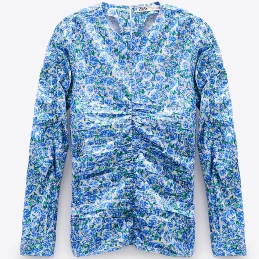 Zara blue floral puff rouged long sleep top SMALL